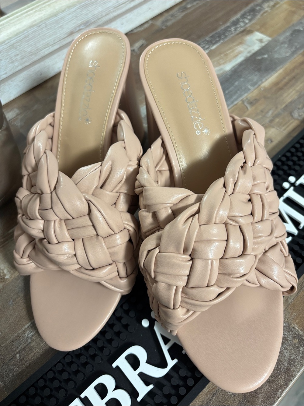 Shoe Dazzle Woven Slide Mules in Blush Nude